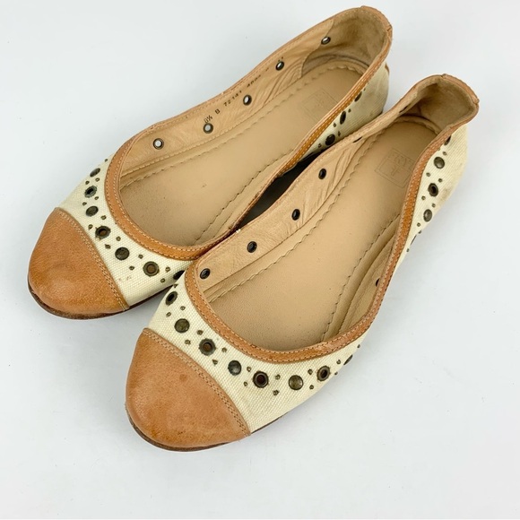 Frye Carson Rivet Flats Cream Canvas Leather Toe 8.5 - Picture 1 of 12